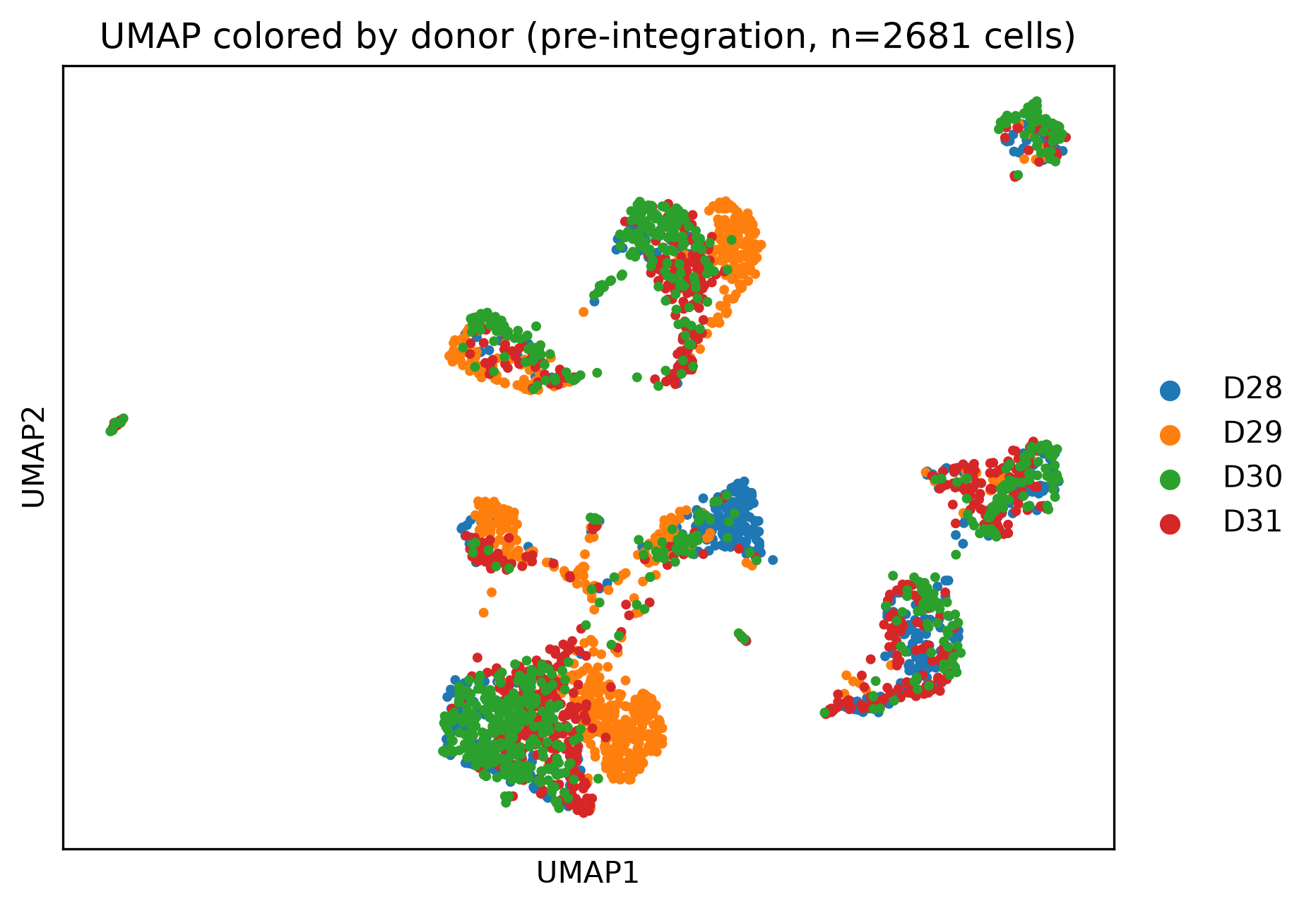 Pre-integration UMAP of pancreatic islet cells colored by donor