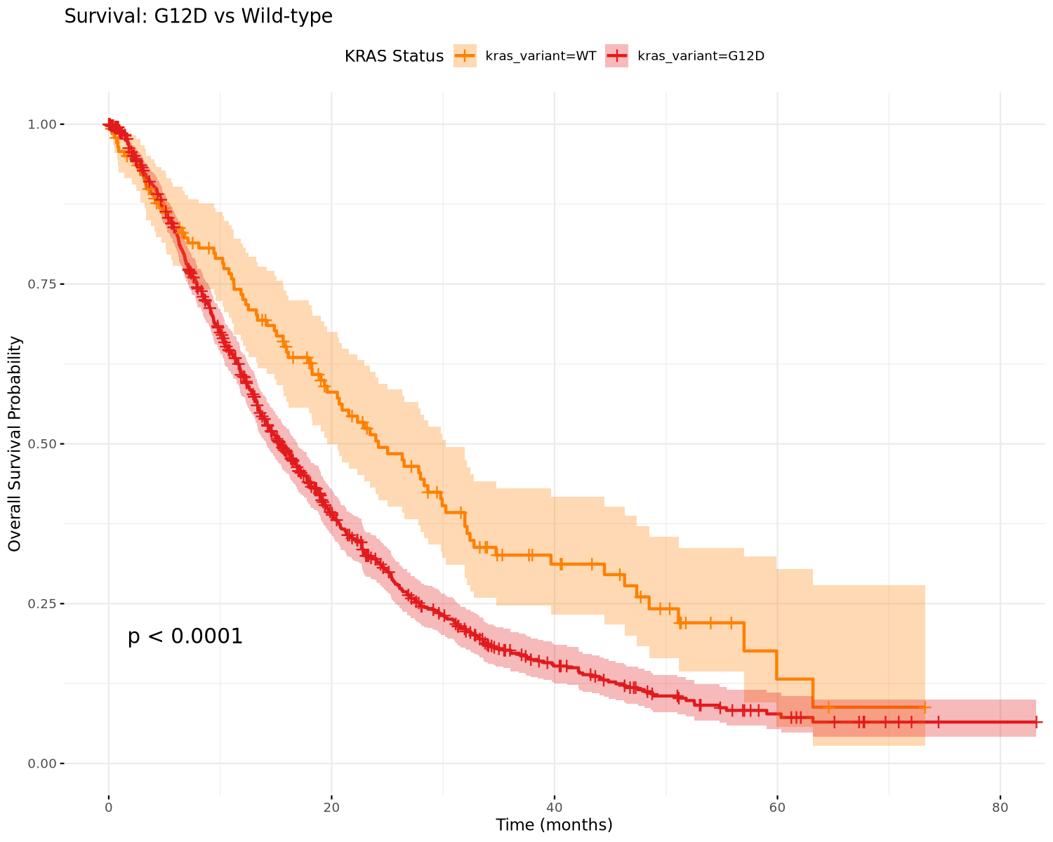Kaplan-Meier comparison of KRAS G12D and wild-type PDAC