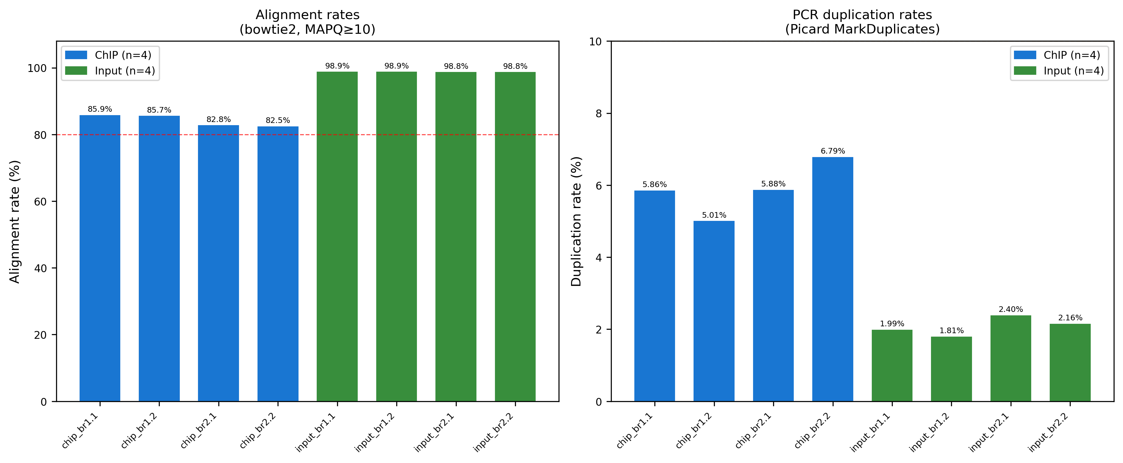 Alignment and PCR duplication rates for four soybean GLYMA.08G357600 ChIP and four matched Input libraries